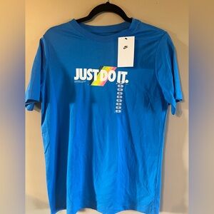 Nike Blue Tee with Multicolor 'Just Do It' Graphic Youth XL